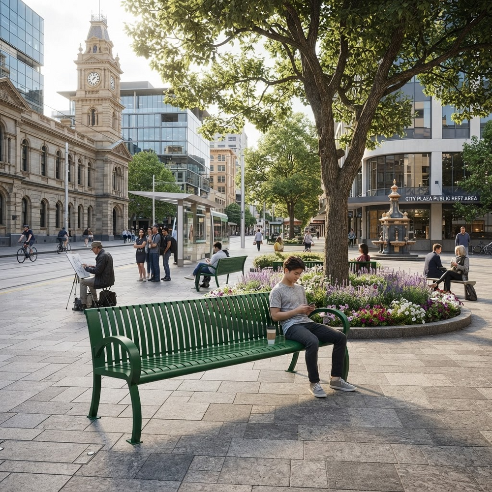 A green outdoor park bench in a city plaza, with a young man sitting on it and reading a book. The scene includes other people, trees, flowers, and urban buildings in the background.