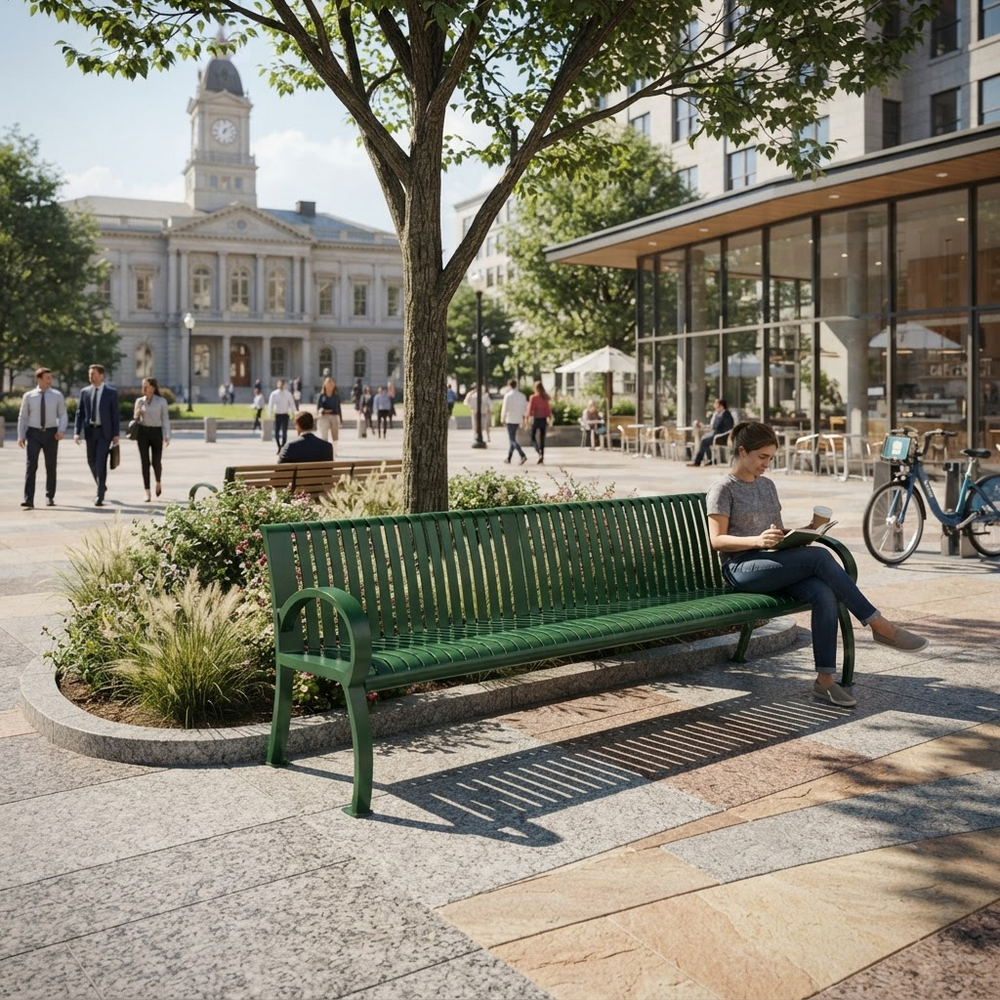 A green metal park bench in a sunny urban plaza, with a woman sitting on one end reading a book. Pedestrians walk around the plaza, with a modern glass-front building and a historic clock tower visible in the background.