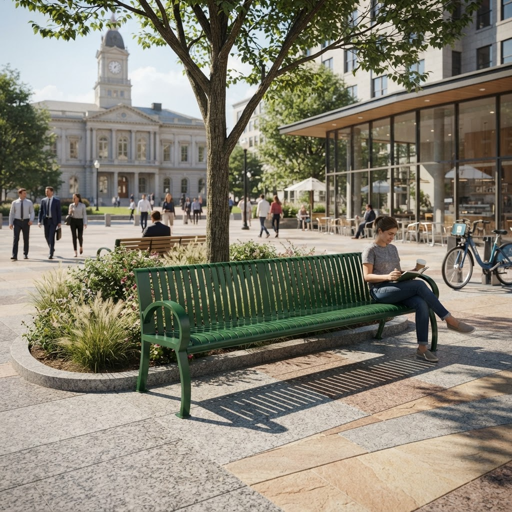 A green metal park bench in a sunny urban plaza, with a woman sitting on one end reading a book. Pedestrians walk around the plaza, with a modern glass-front building and a historic clock tower visible in the background.