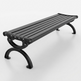 A modern black slatted bench with curved metal legs, shown at an angle on a clean white studio background.
