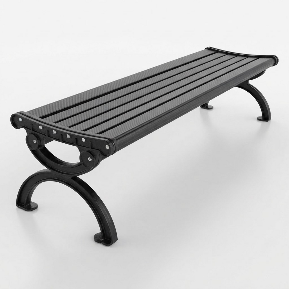 A modern black slatted bench with curved metal legs, shown at an angle on a clean white studio background.