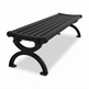 A black outdoor bench with a slatted seat and curved metal legs, shown on a clean white background.