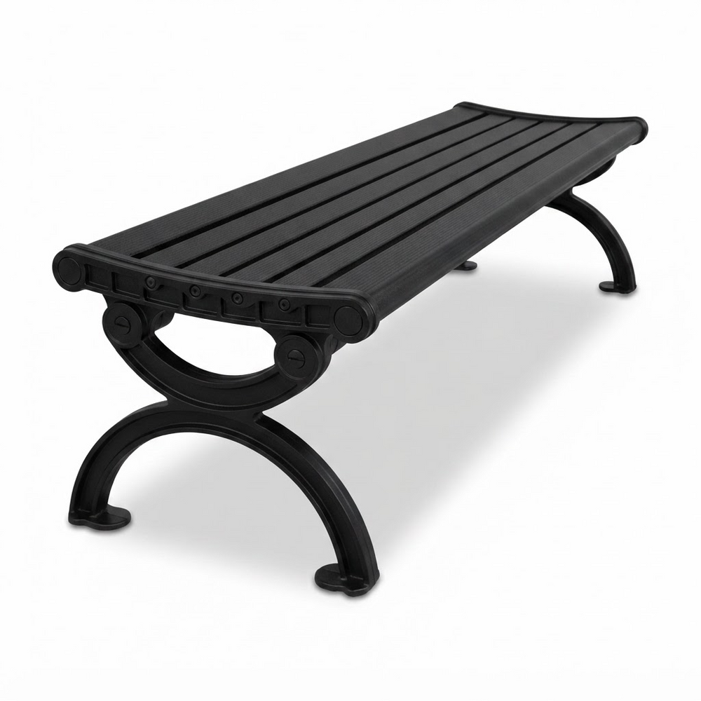 A black outdoor bench with a slatted seat and curved metal legs, shown on a clean white background.