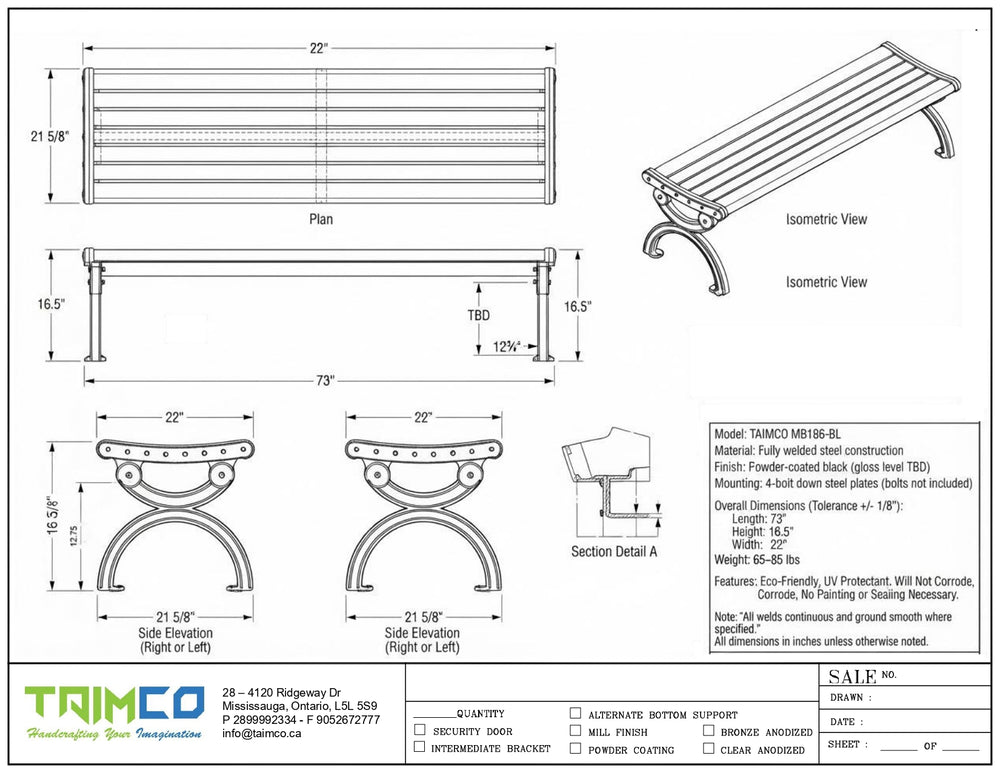 Technical drawing and dimension schematic of a bench, showing plan, elevation, and section views with measurements, plus a small isometric view and product details box. The page includes the Trimco logo and a sale block at the bottom.