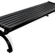 A black metal park bench with a slatted seat and curved decorative legs, shown on a plain white background.