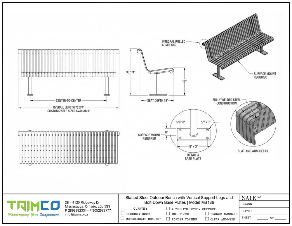 Technical specification sheet and dimension drawing for a slatted steel outdoor bench with vertical support legs and a built-down base plate, shown on a white background with brand name Taimco at the bottom.