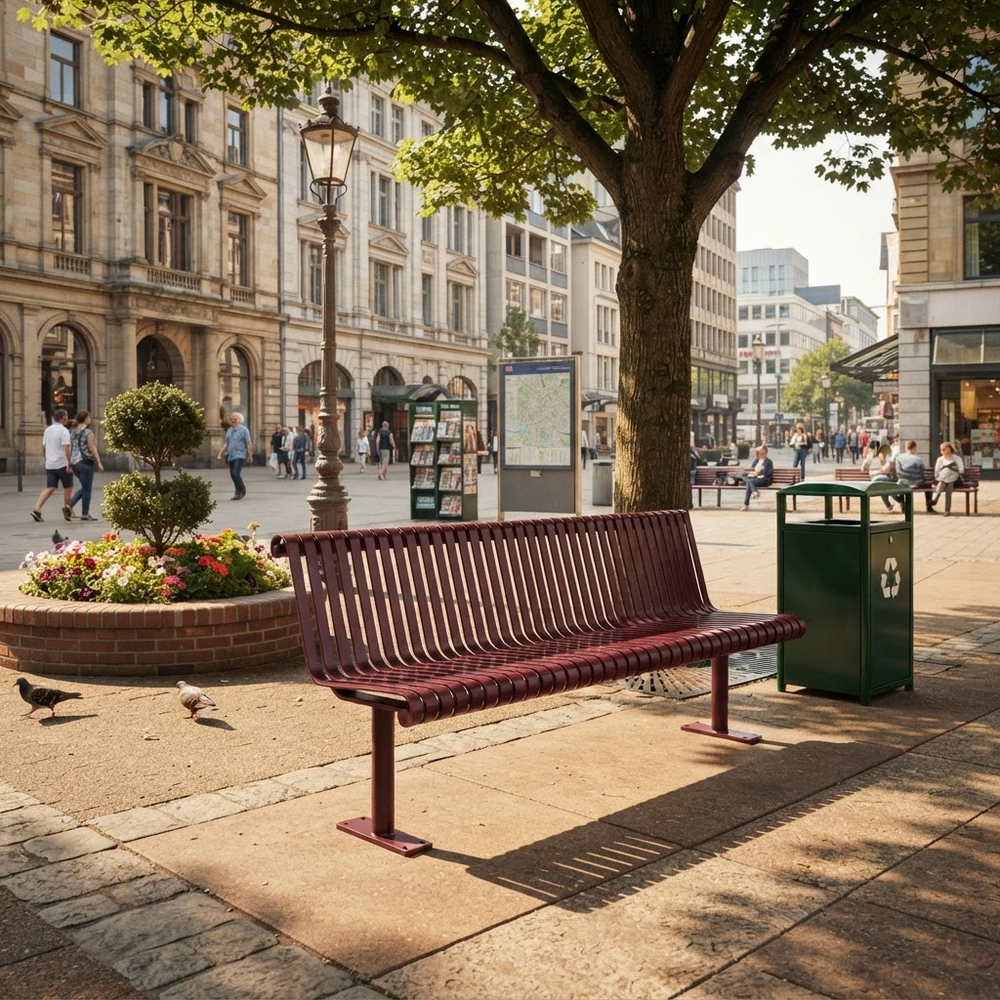A red-brown wooden slat bench in a sunny urban plaza, with a green trash can beside it, trees, historic buildings, and pedestrians in the background.
