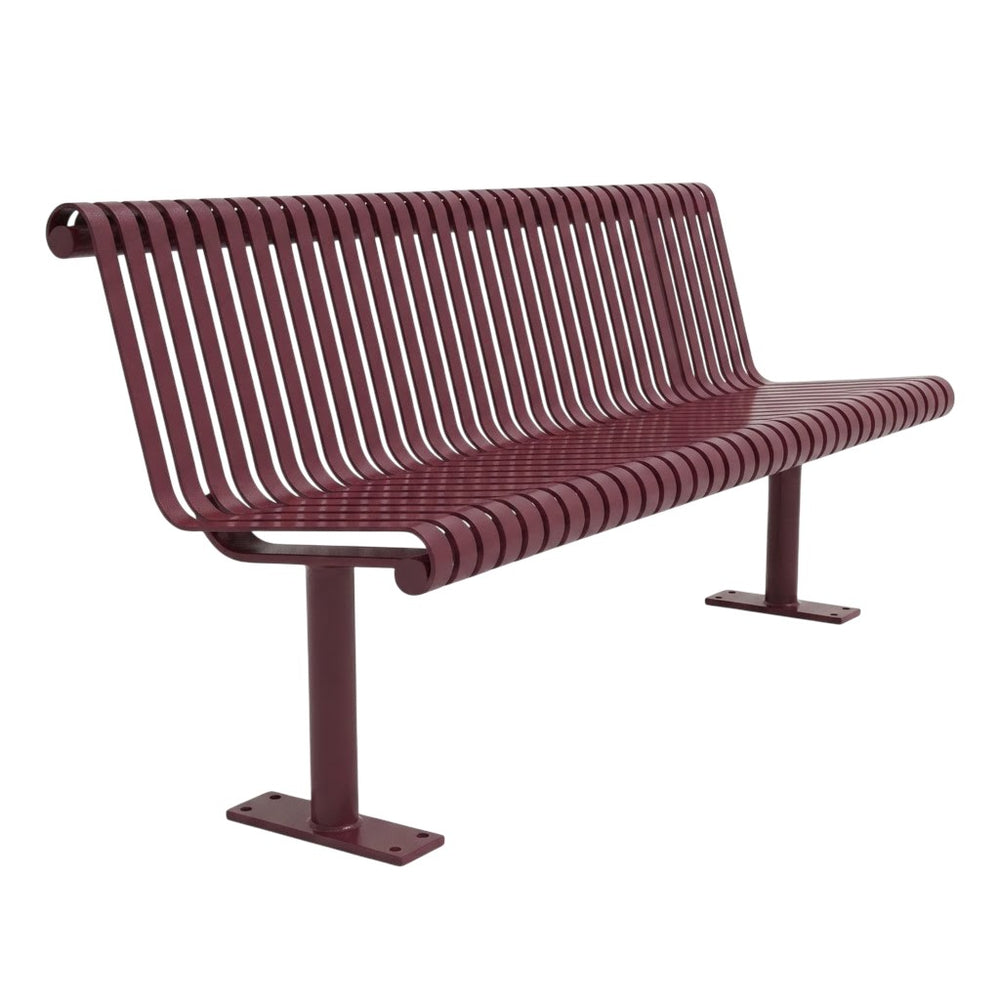 A modern outdoor bench with a curved slatted design in a dark reddish-brown color, shown from a three-quarter angle against a plain white background.
