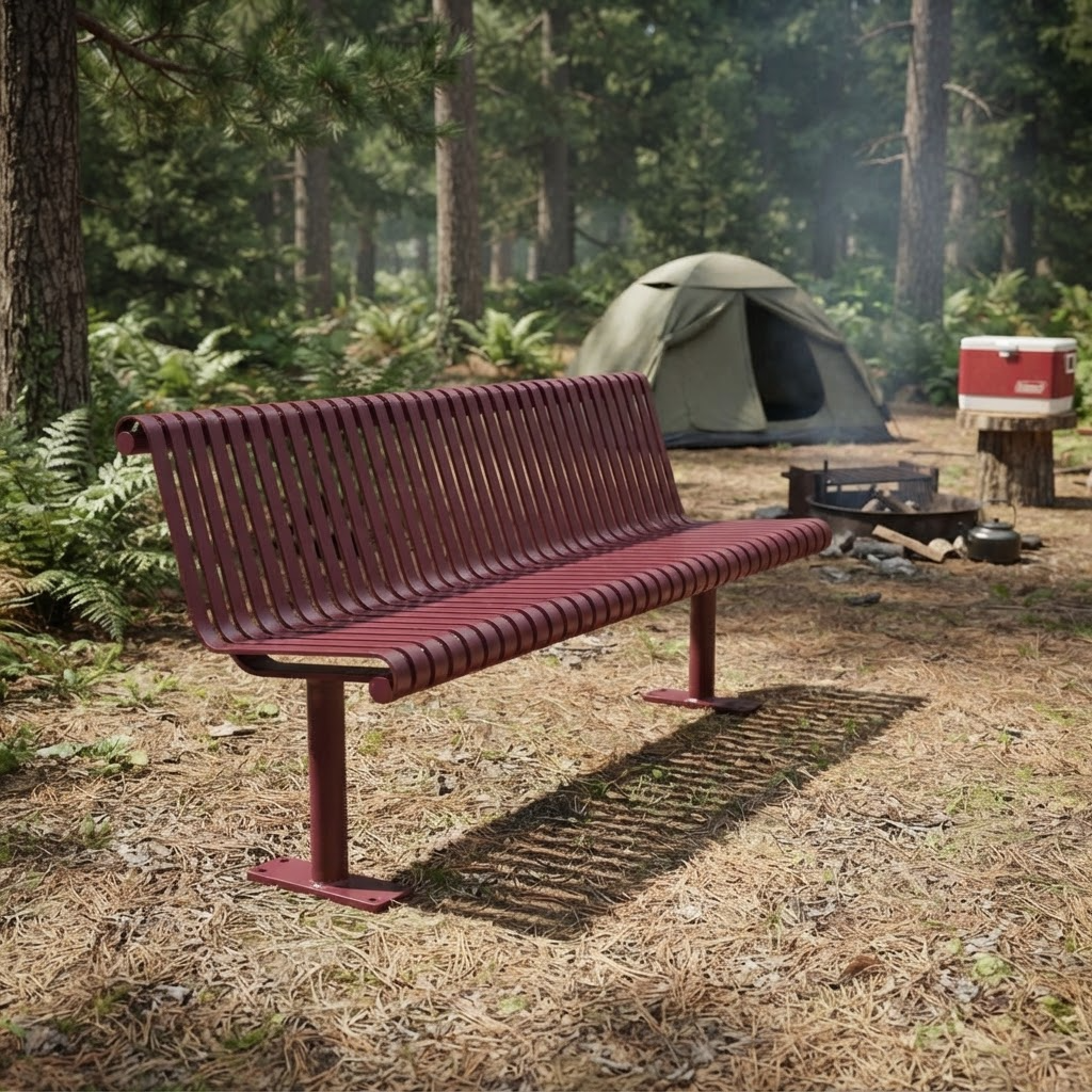 A modern outdoor bench with a slatted burgundy metal frame, situated in a forest campsite setting with a tent, fire pit, and cooler in the background.
