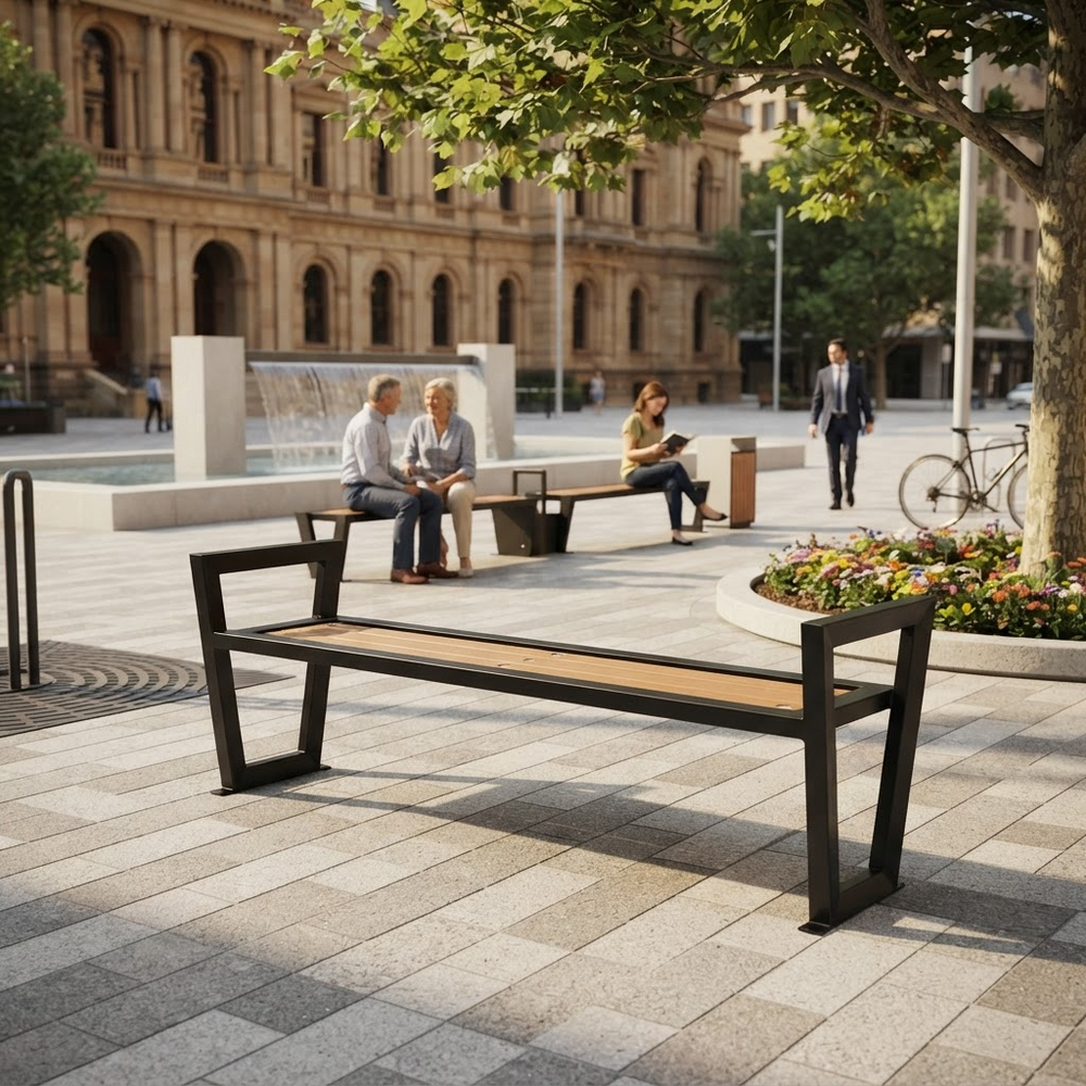 A modern black metal bench with a light wood seat is shown in an outdoor urban plaza with people sitting and walking in the background.