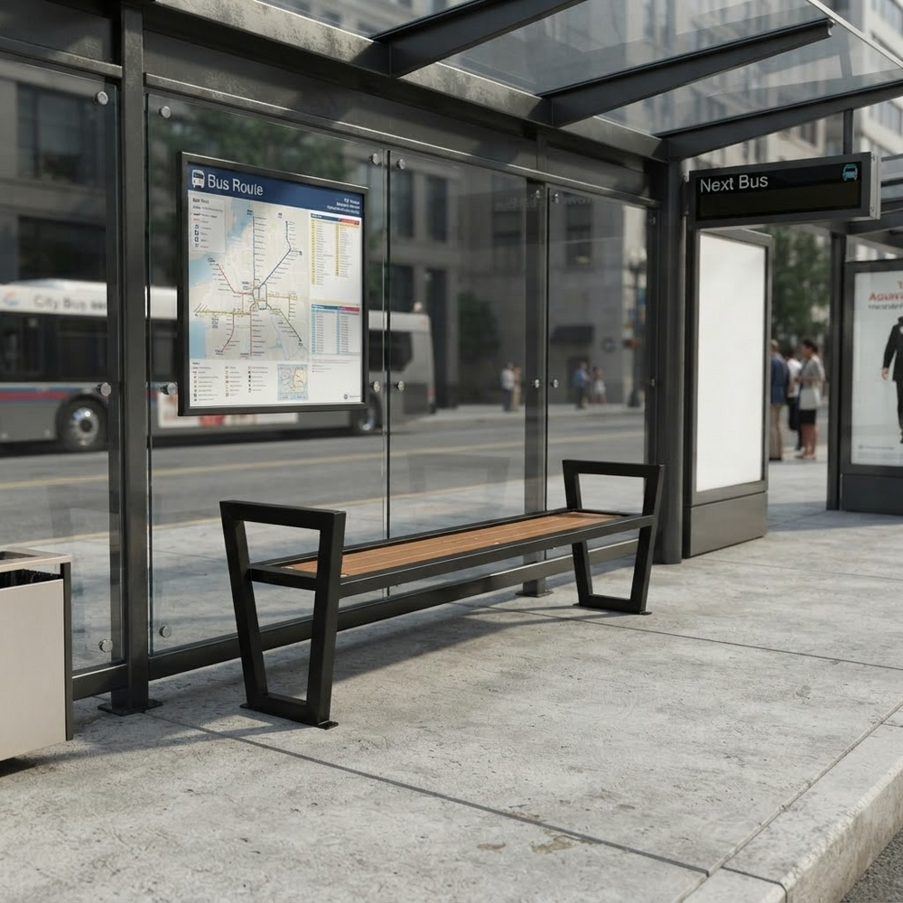A modern outdoor bus stop bench with a black metal frame and brown wooden seat, situated under a glass shelter at a city transit station. A city bus and street scene are visible in the background.