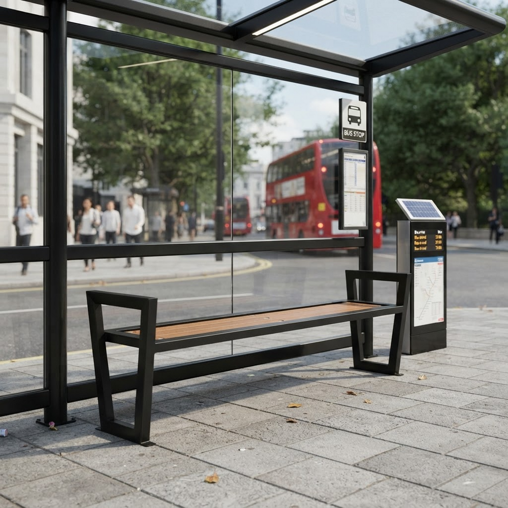 A modern black metal bus stop bench with a wooden seat, installed under a glass shelter at a city bus stop. A red double-decker bus and pedestrians are visible in the blurred street background.