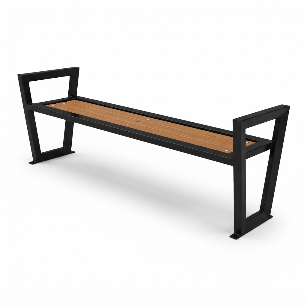 A modern outdoor bench with a black metal frame and a light brown wood plank seat, shown on a clean white background.