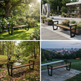 A four-panel collage showing a modern outdoor bench in different real-world settings: a sunlit garden, a plaza beside a building, beside a stream in a wooded area, and on a stone terrace overlooking a city skyline.