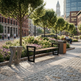 A modern urban plaza scene with a wooden bench and matching trash can beside a landscaped flower bed, trees, cobblestone walkway, and city buildings in the background.