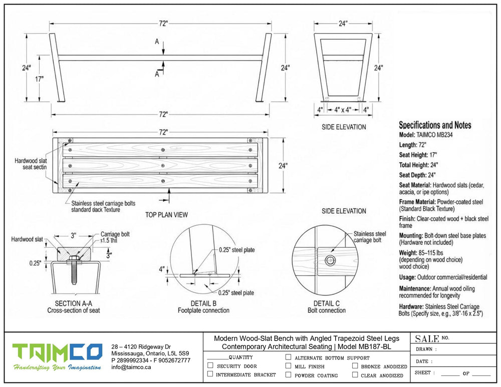 Technical specification sheet and dimension drawing for a modern wood-slatted bench with angled tapered steel legs, showing front, side, top, and cross-section views with measurements and notes on a white background.