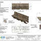 Technical specification sheet and rendering for the Taimco Steel Bench with Geometric Cut Backslashes and Angular Support Legs, showing front elevation, bottom views, material cross-section, and finish details.