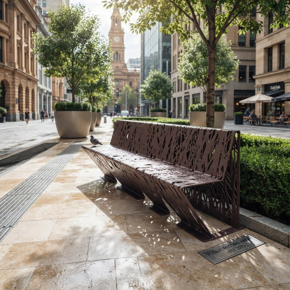 A modern sculptural metal bench with a laser-cut leaf pattern in a city plaza, with trees, planters, and a street scene in the background.