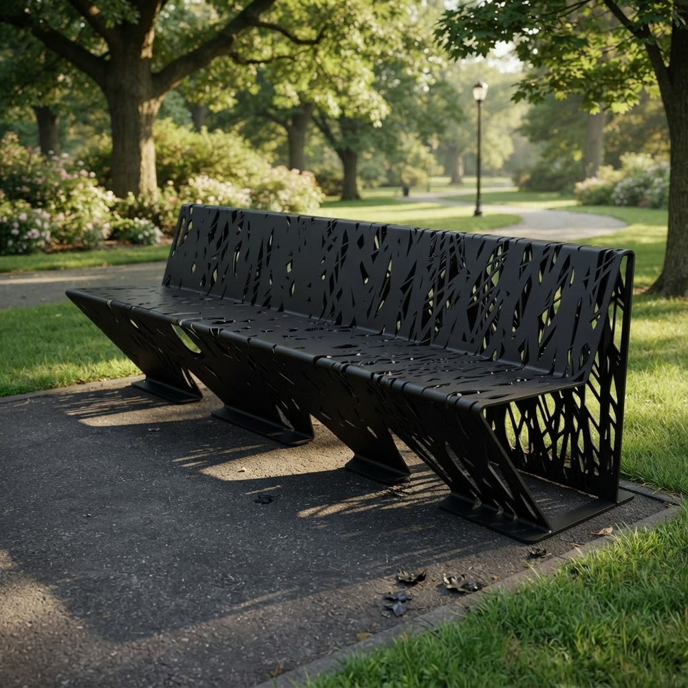 A modern black metal park bench with a decorative cutout pattern, situated on a concrete path in a lush green park.