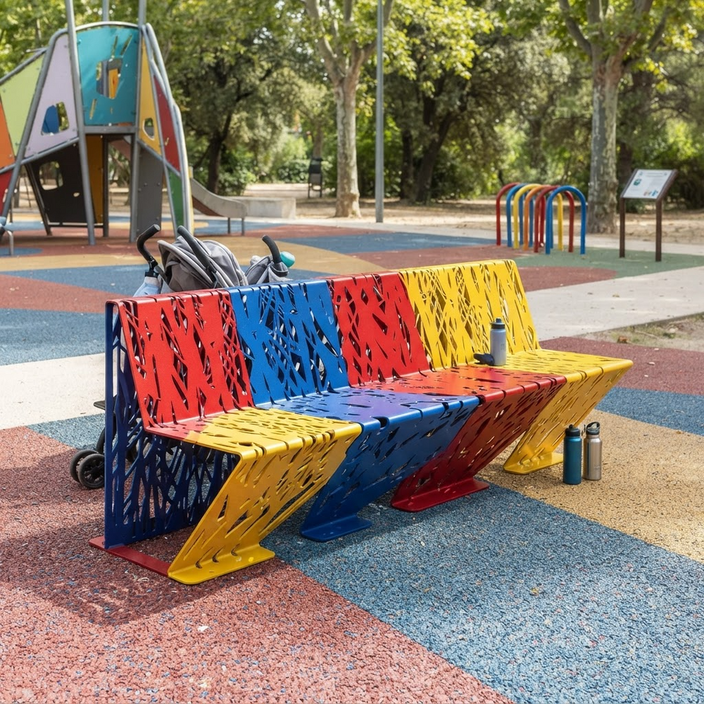 A colorful metal park bench with a lattice cutout design, painted in alternating red, blue, and yellow sections, situated in a playground with a stroller behind it.