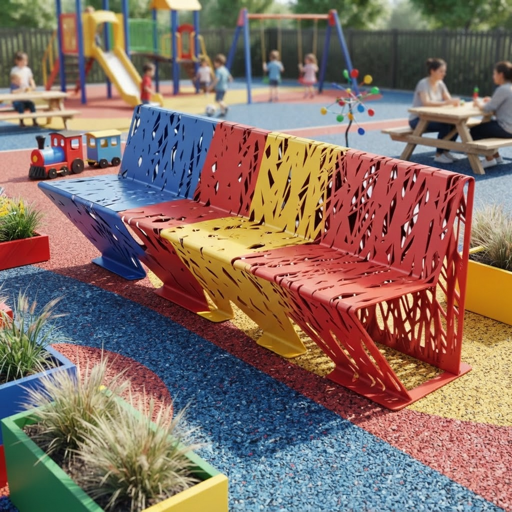 A colorful children's outdoor play bench with a tree-like slatted metal frame, shown in a playground setting with children and play equipment in the background.