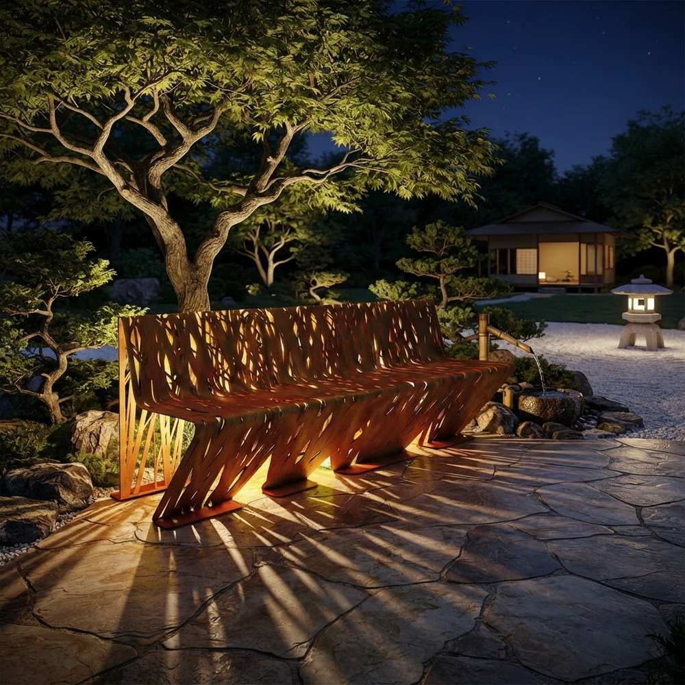 A modern wooden outdoor bench with a geometric, lattice-like slatted design, illuminated by warm under-garden lighting at night. It is situated on a stone patio in a beautifully landscaped Japanese-style garden with trees, rocks, and a lit pavilion in the background.