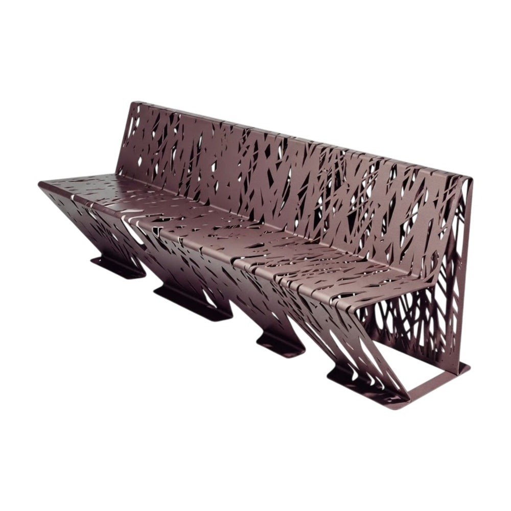 A modern multi-seat bench made of laser-cut metal with an intricate, openwork leaf-like pattern, shown on a plain white background.