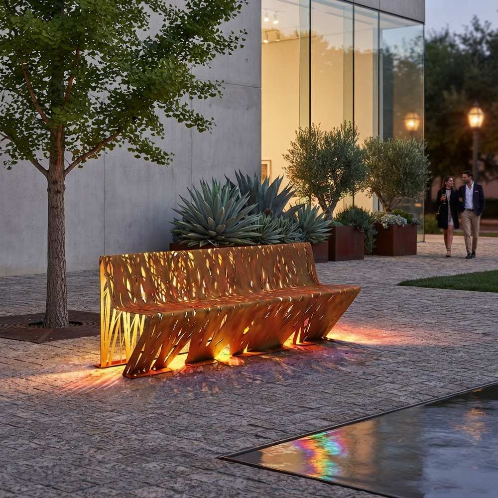 A modern outdoor bench with a warm golden metallic finish and an organic, leaf-like cutout pattern, illuminated by built-in under-seat lights in a contemporary plaza.