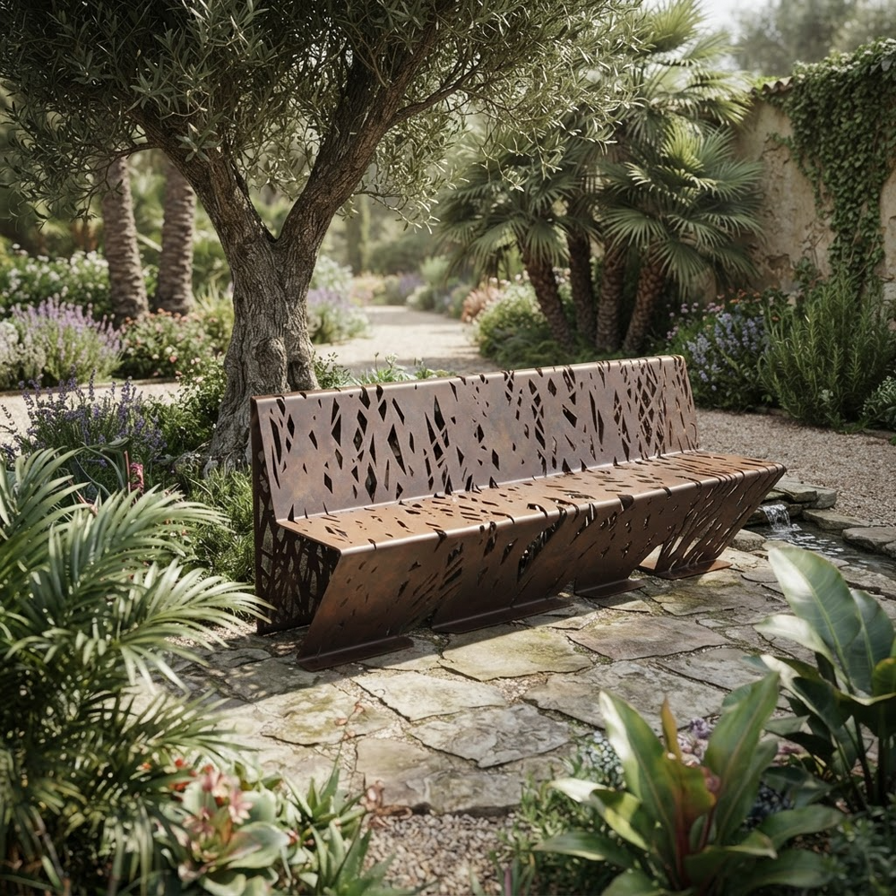 A modern outdoor metal bench with a laser-cut leaf pattern, situated on a stone path in a lush garden with trees and plants.