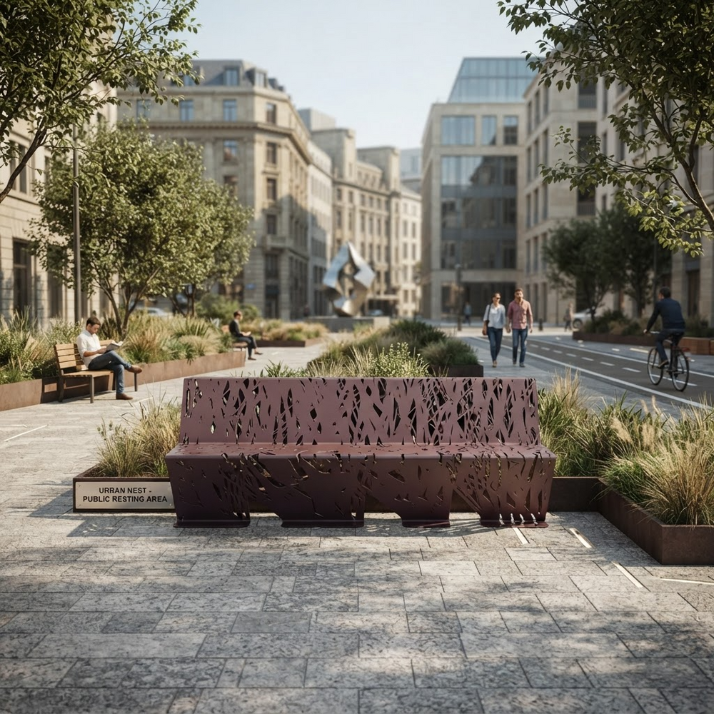 A modern rusted-brown metal public meeting bench with a laser-cut organic leaf pattern, situated in a paved urban plaza with landscaped greenery and city buildings in the background.
