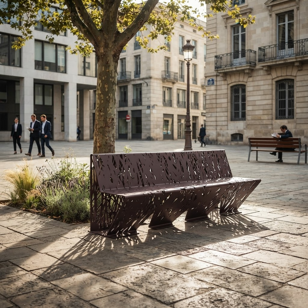 A modern sculptural metal bench with a laser-cut leaf pattern sits in a sunlit urban plaza. The bench is dark brown, set against a background of stone buildings, a tree, and walking pedestrians.