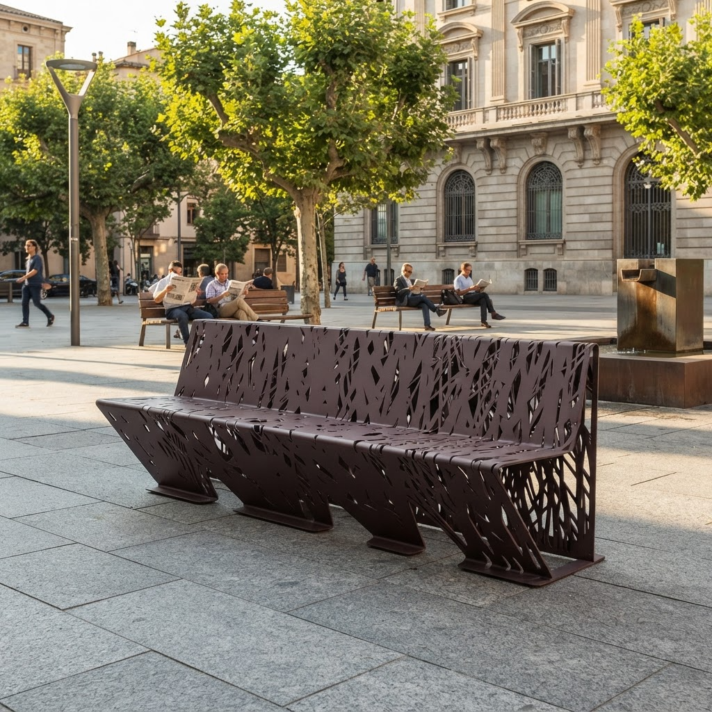 A modern dark brown metal bench with an intricate laser-cut lattice pattern, situated in a sunny, tree-lined public square with people sitting on other benches in the background.
