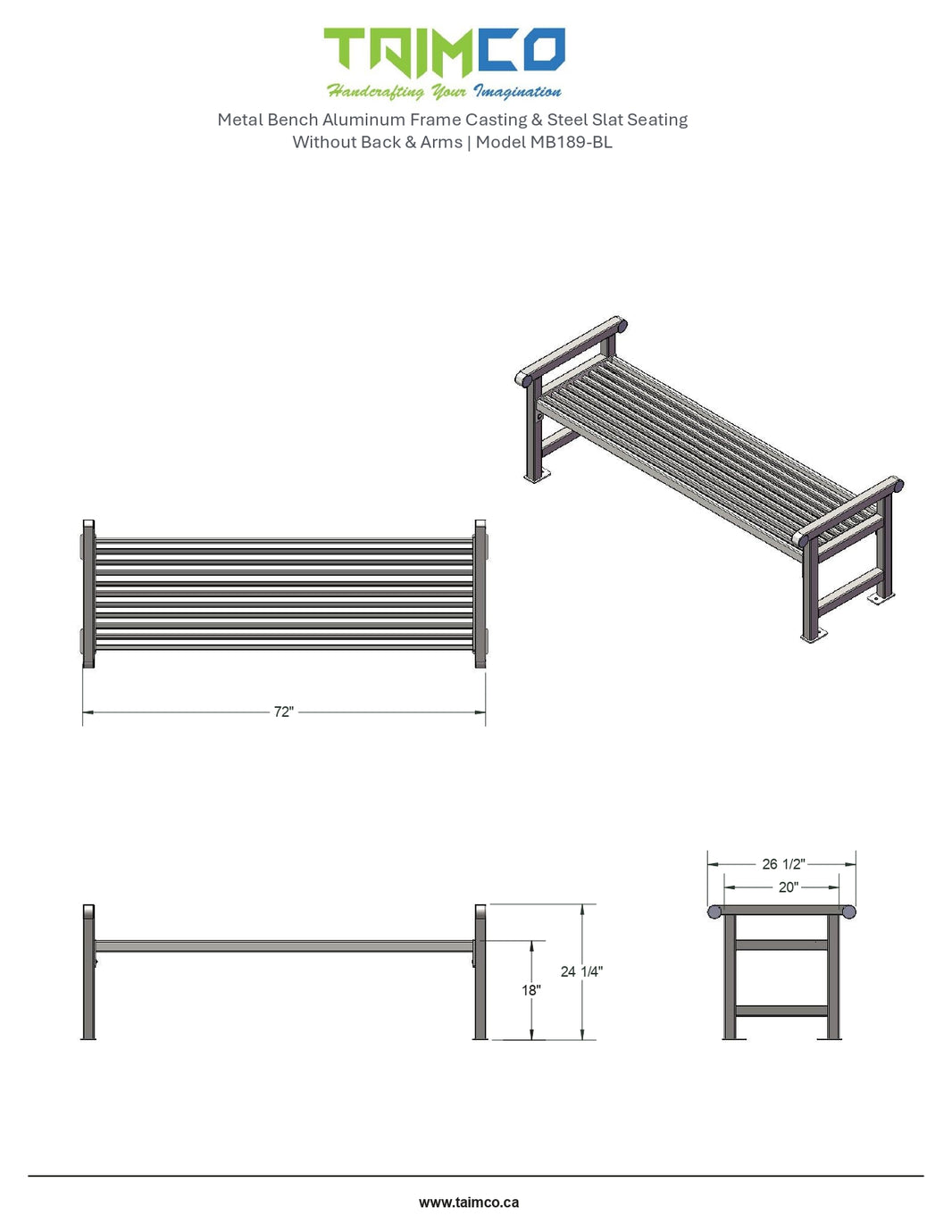 Metal Bench Aluminum Frame Casting & Steel Slat Seating | Without Back & Arms | Model MB189-BL-Taimco