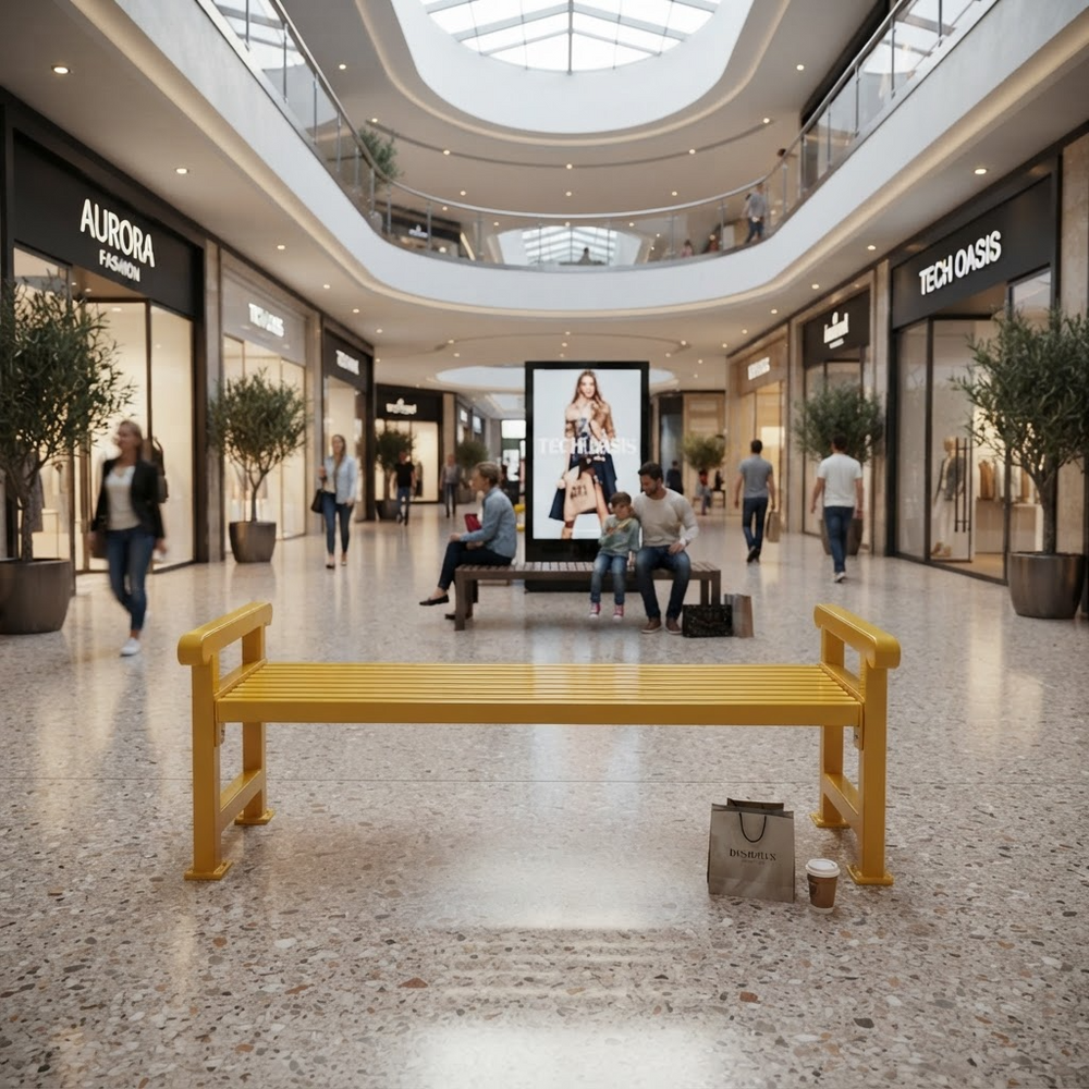 A bright yellow outdoor-style bench sits on a polished terrazzo floor in a modern, sunlit shopping mall atrium with people walking and sitting nearby. Storefronts including AURORA FASHION and TECH CAISS are visible in the background.
