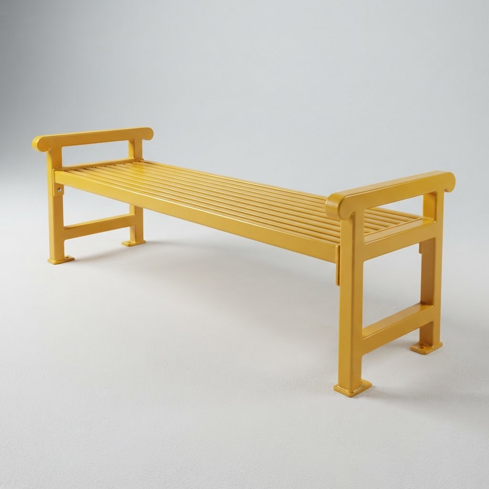 A modern minimalist yellow outdoor bench with a slatted seat and armrests, shown on a seamless light gray studio background.