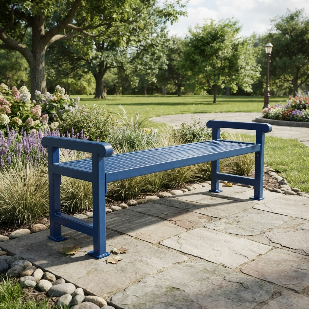 A blue outdoor park bench with slatted seat and armrests, placed on a stone pathway in a landscaped garden with trees, flowers, and grass.