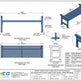 Technical specification sheet and dimension diagram for a modern steel outdoor bench by Taimco, showing front, top, side, and detail views with measurements and material details.