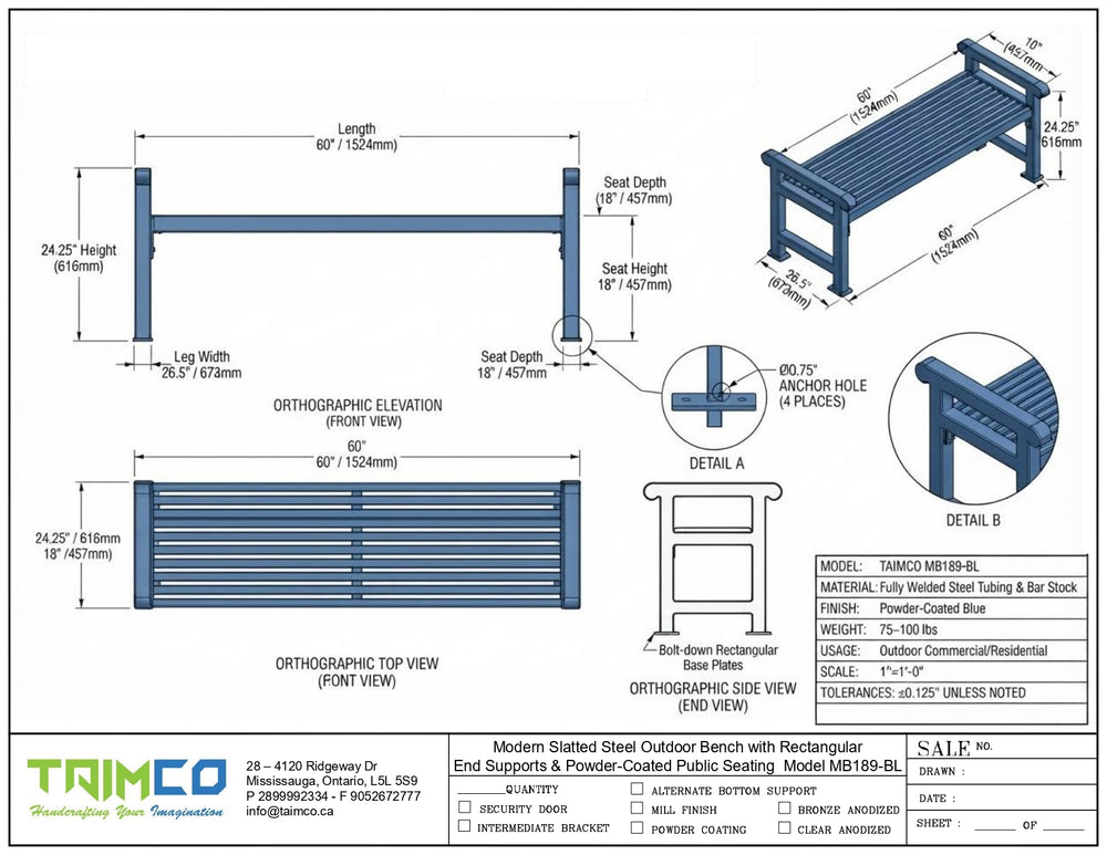 Technical specification sheet and dimension diagram for a modern steel outdoor bench by Taimco, showing front, top, side, and detail views with measurements and material details.