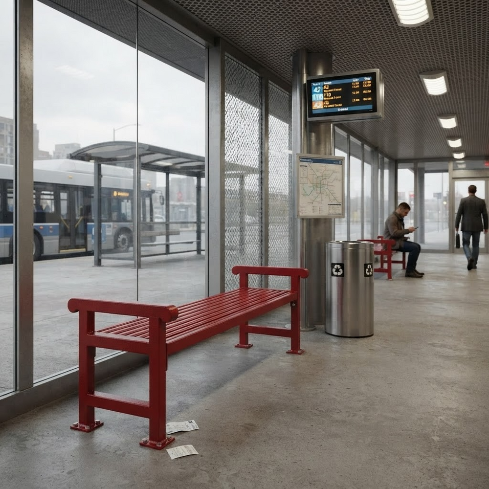 A red slatted bench sits in a modern transit station next to large windows, with a bus visible outside, a metal trash can, and a few people in the station interior.