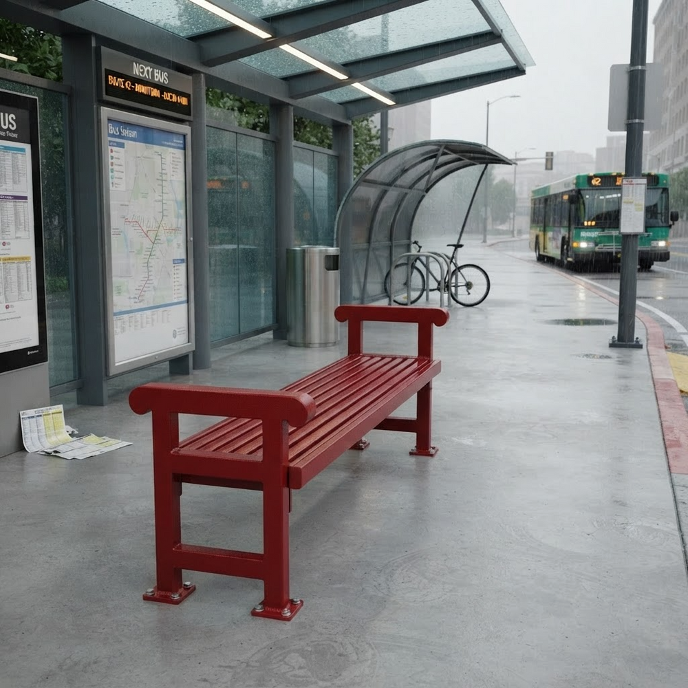 A bright red wooden bus stop bench sits on a wet gray concrete platform at a city bus station, with a bus shelter, maps, bicycles, and a green bus in the background.