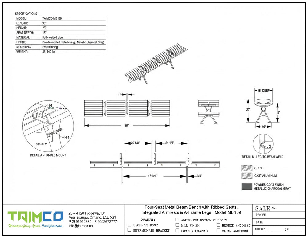 Technical specification sheet and dimension diagram for a four-seat steel bench with integrated armrests and leg logs, showing measurements, materials, and cross-section details on a white background with the Taimco logo at the bottom.