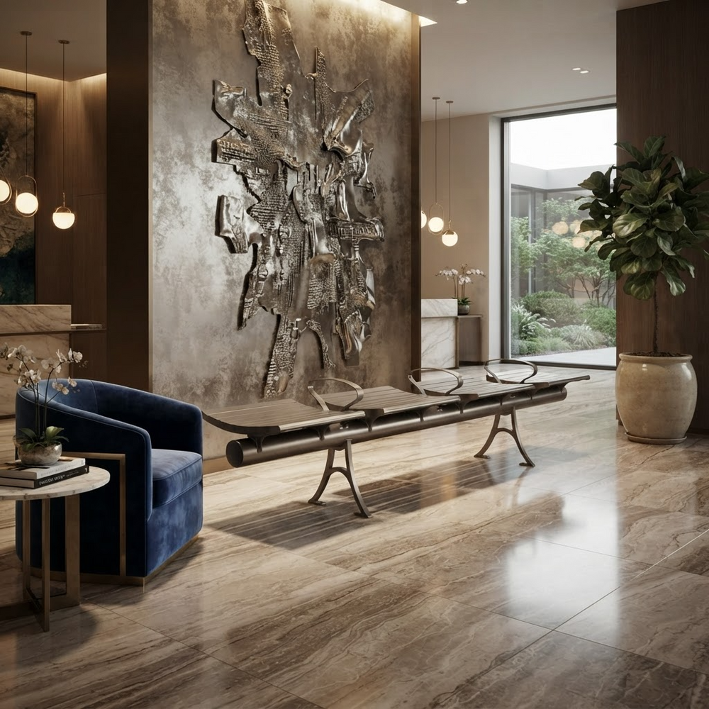 A modern interior lobby scene with a long dark metal bench centered against a textured metallic wall, a blue velvet armchair at left, a small round side table, large stone floor tiles, and a potted plant near a glass window.