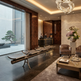 A luxury modern lobby interior featuring a long metallic bench, marble seating, a marble reception desk, and a large window overlooking a garden.