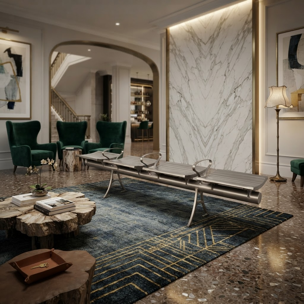 A modern lounge chair set in a luxurious, high-end living room with marble walls, green velvet armchairs, and a dark blue geometric area rug.