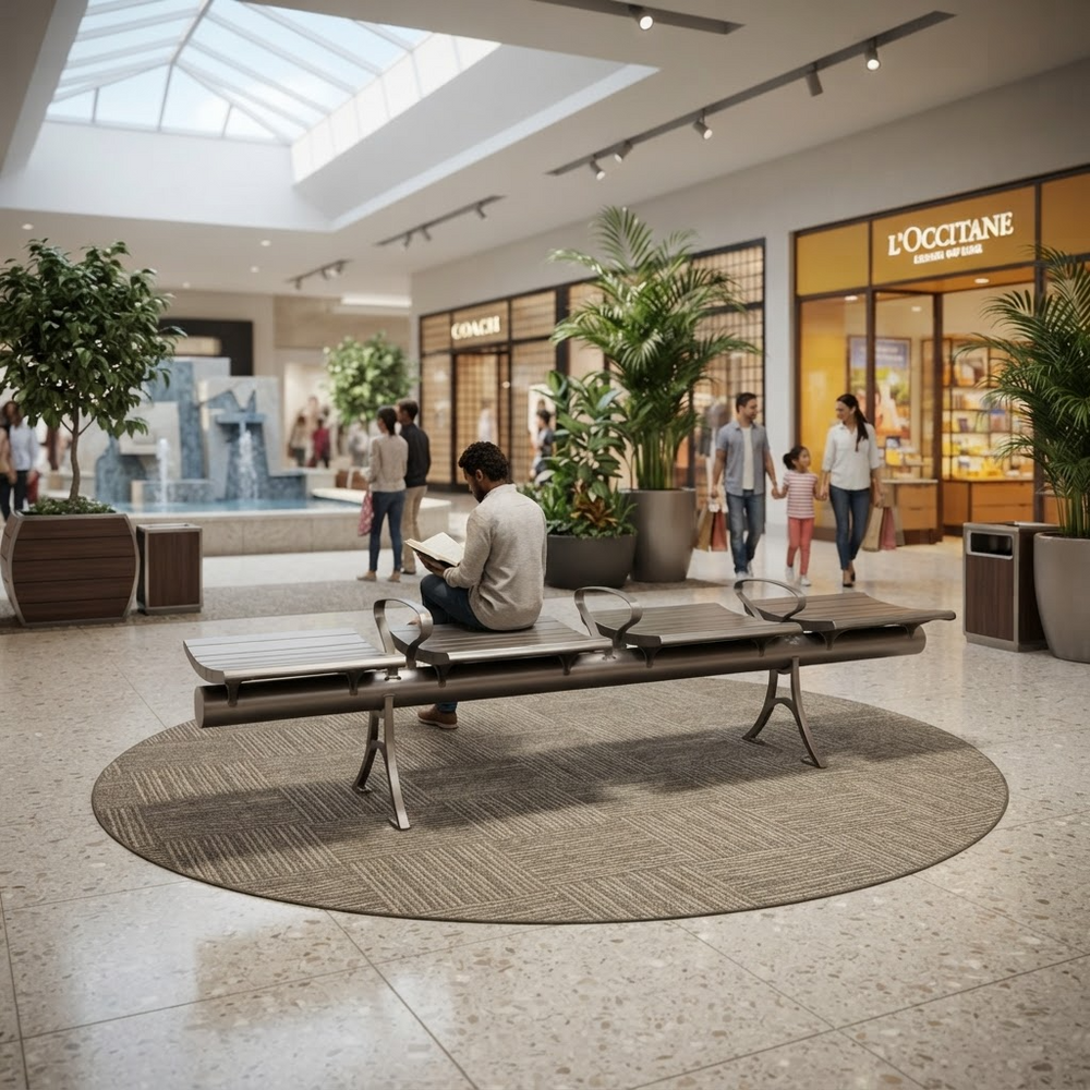 A modern outdoor-style lounge bench with integrated glass cup holders sits on a round textured rug in a bright, upscale shopping mall atrium. A man is seated on the bench reading, while shoppers and potted plants walk in the background near storefronts including L'Occitane.