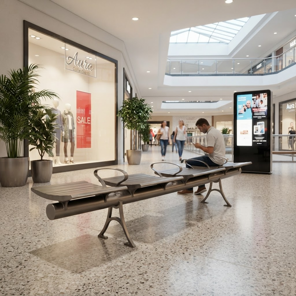 A modern metal waiting-area bench with integrated seat cushions in a bright, spacious shopping mall. A man is seated on the bench looking at his phone, with other shoppers and a digital kiosk visible in the background.