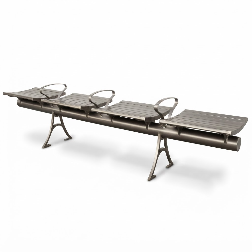 A three-seat outdoor waiting bench with a modern industrial design, featuring a dark metallic frame, slatted seats, and integrated armrests, shown on a plain white background.