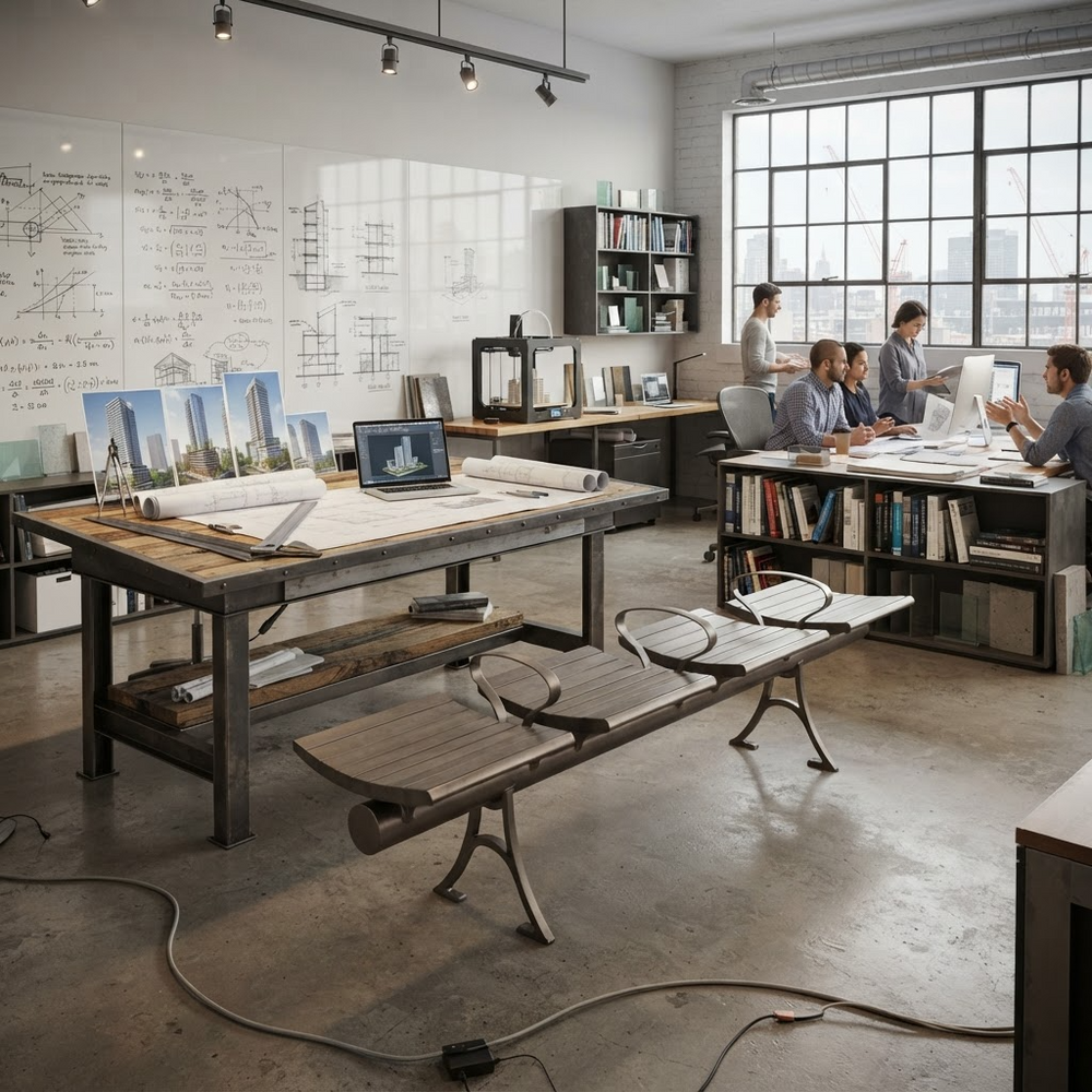 A modern loft-style office interior with a large wooden drafting table, sketchbooks, and several people collaborating near a large industrial window. The room has exposed concrete floors, white walls with architectural drawings, and industrial-style shelving and lighting.