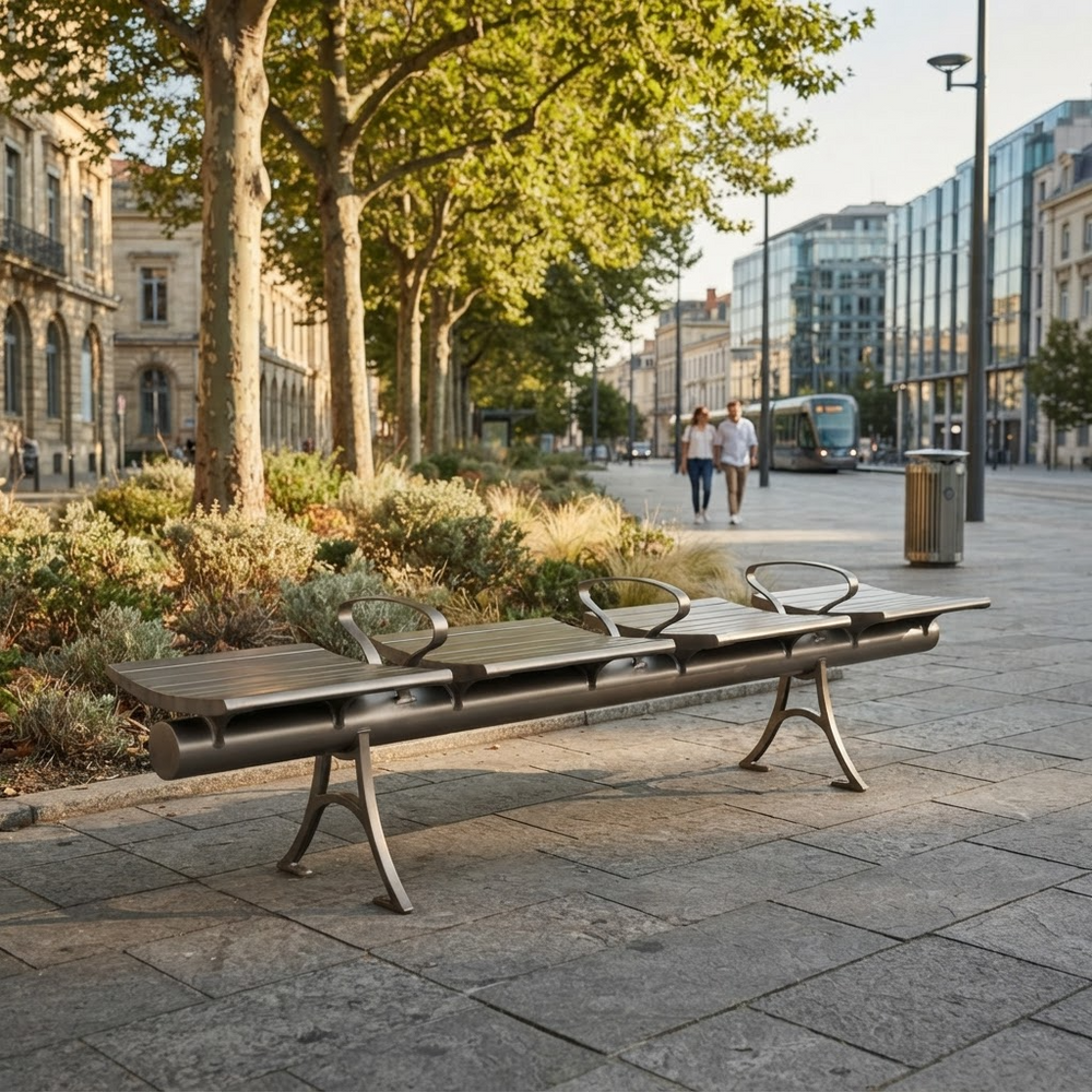 A modern multi-seat outdoor bench with a brushed metal frame and slatted wooden seat panels, positioned on a paved city sidewalk next to a landscaped green median with trees and pedestrians in the background.