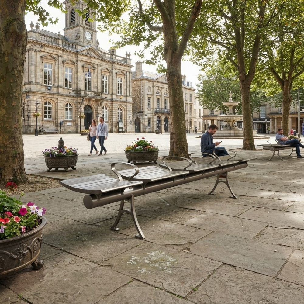 A modern metal and wood public bench in a paved town square, with people sitting nearby and a large historic stone building in the background.